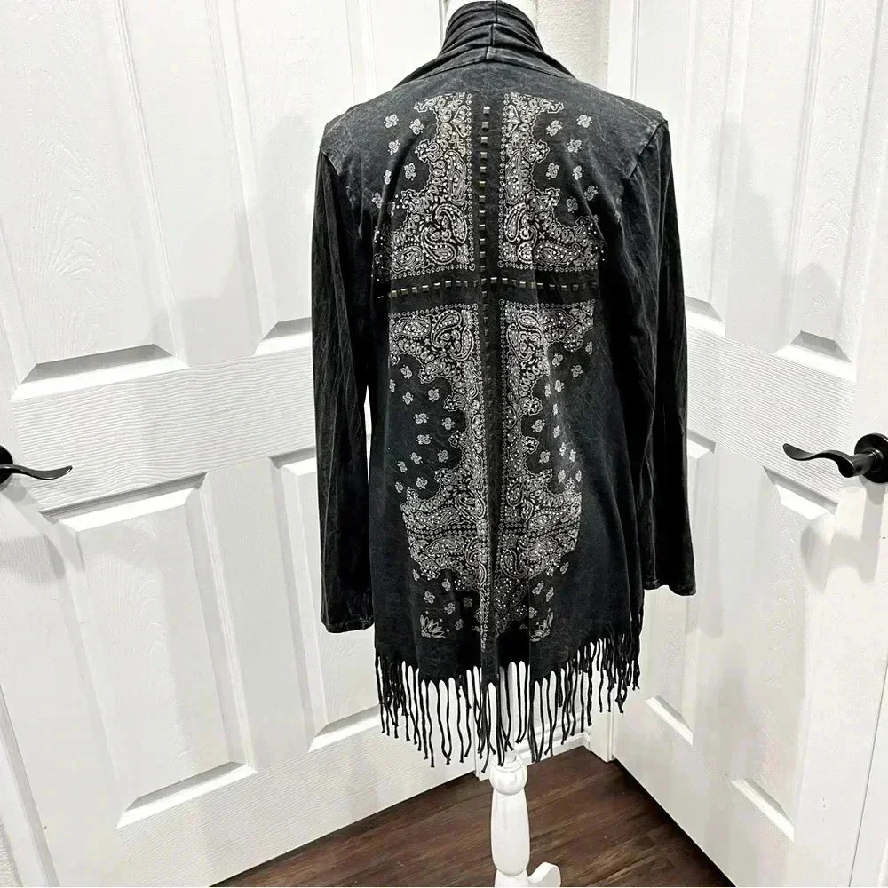 Vocal brand fringed kimono duster, jacket w rhinestones & studs.  Western rodeo